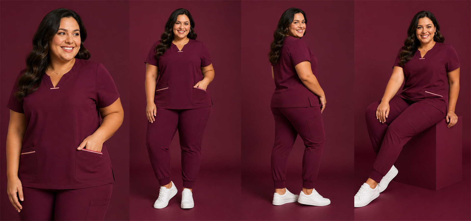 Healthcare professional wearing a HITO burgundy scrub set